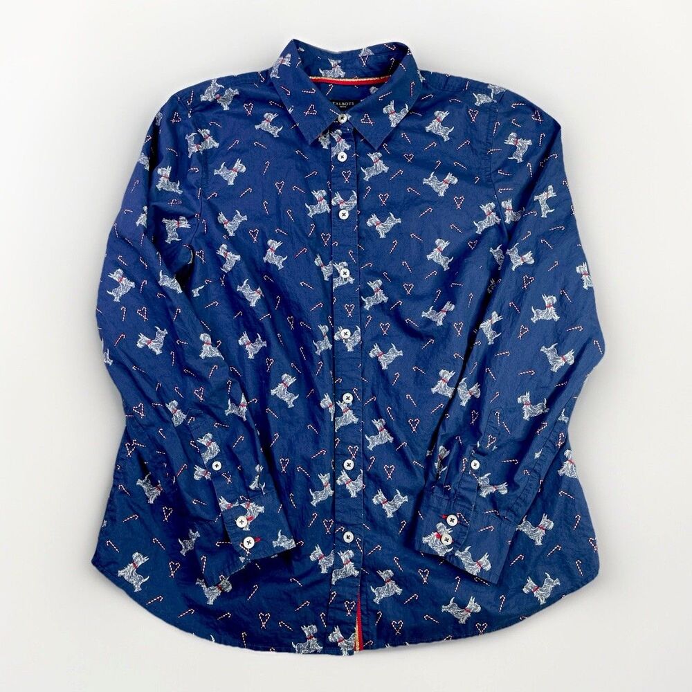 Talbots Blouse Women’s SP Blue Scottie Dog Candy Cane Print Button Front Cotton
